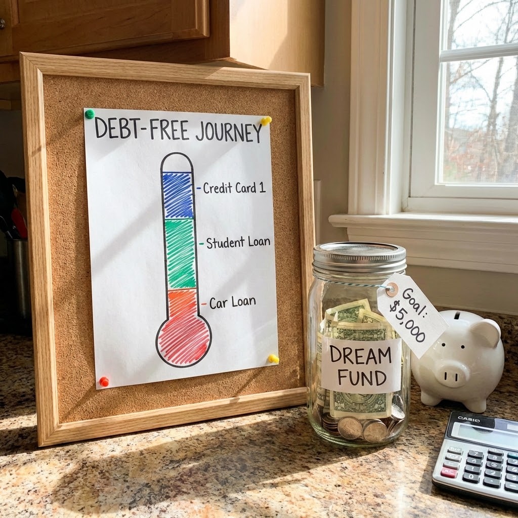 Debt-free journey thermometer chart on a cork board showing Credit Card, Student Loan, and Car Loan segments, beside a Dream Fund savings jar and calculator