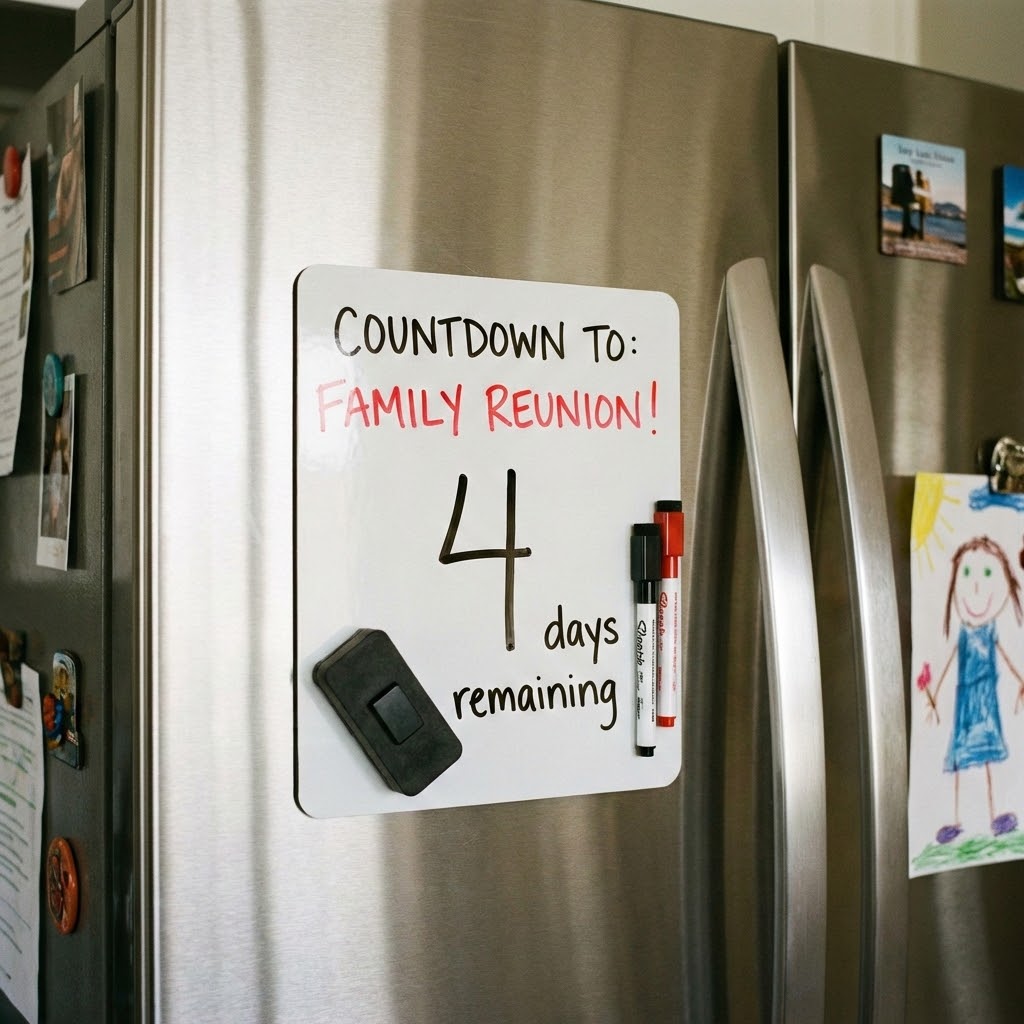 Dry-erase magnetic countdown board on a refrigerator showing 4 days remaining until a family reunion, with markers and eraser