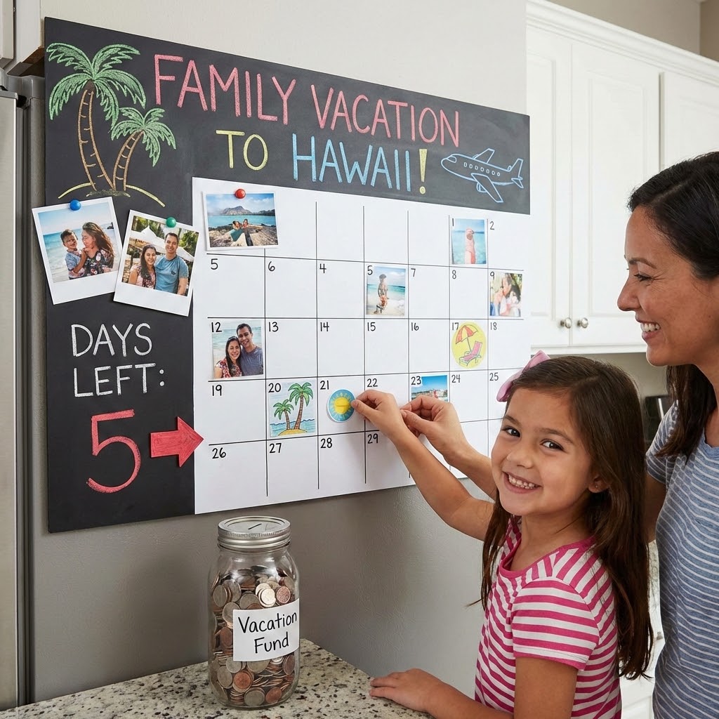 Mother and young daughter excitedly counting down 5 days left on a colorful Family Vacation to Hawaii chalkboard calendar in the kitchen