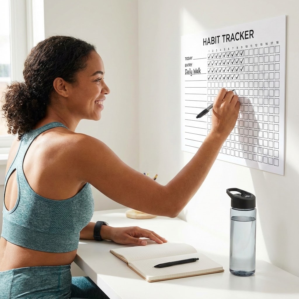Woman in workout clothes smiling as she checks off boxes on a wall-mounted habit tracker grid, with a water bottle nearby