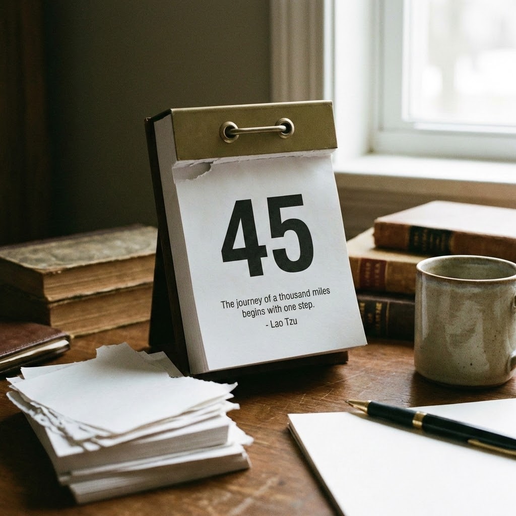 Tear-off countdown calendar showing 45 days remaining with a motivational Lao Tzu quote on a desk beside books and a coffee mug