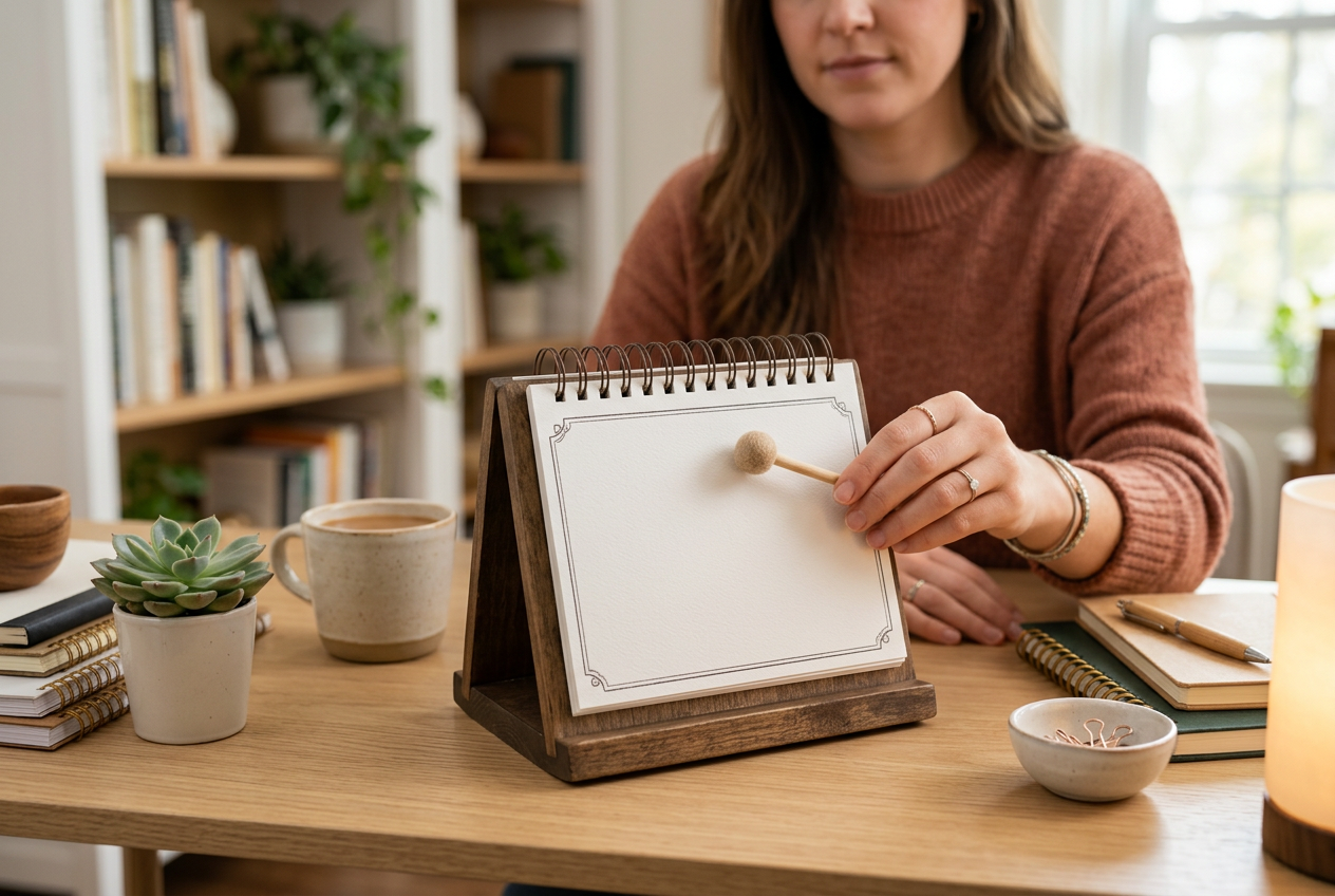 Woman at a cozy desk turning the page of a wooden spiral countdown calendar surrounded by plants, a coffee mug, and notebooks