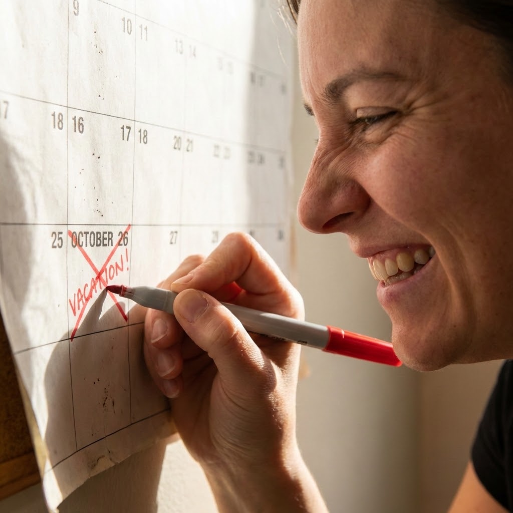 Woman smiling as she circles the word VACATION! on October 26 of a large wall calendar with a red marker