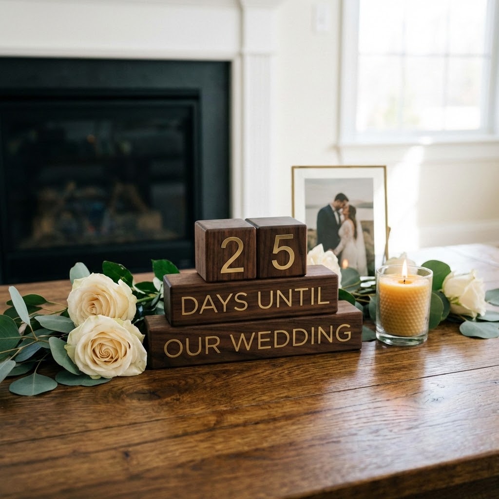 Elegant wooden block countdown calendar displaying 25 Days Until Our Wedding, surrounded by white roses, eucalyptus and a candle on a rustic table