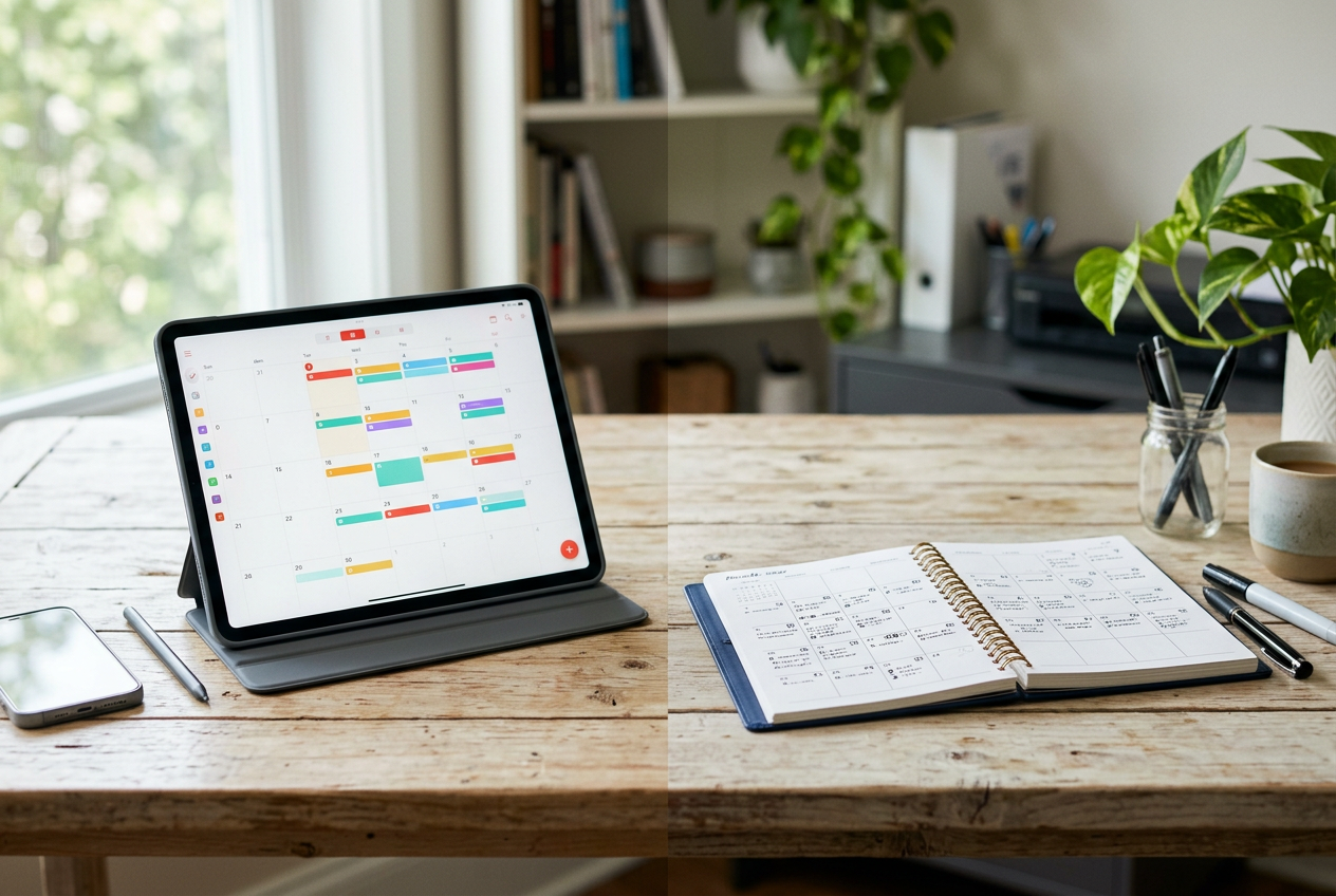 Side-by-side comparison of a digital calendar app on a tablet with colorful events and a handwritten physical planner open on a wooden desk