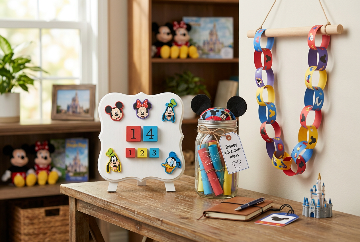 Disney World countdown display with a Mickey Mouse magnetic number board showing 14 days, a Disney Adventure Ideas treat jar with Mickey ears lid, and a colorful Disney character paper chain hanging on a wall