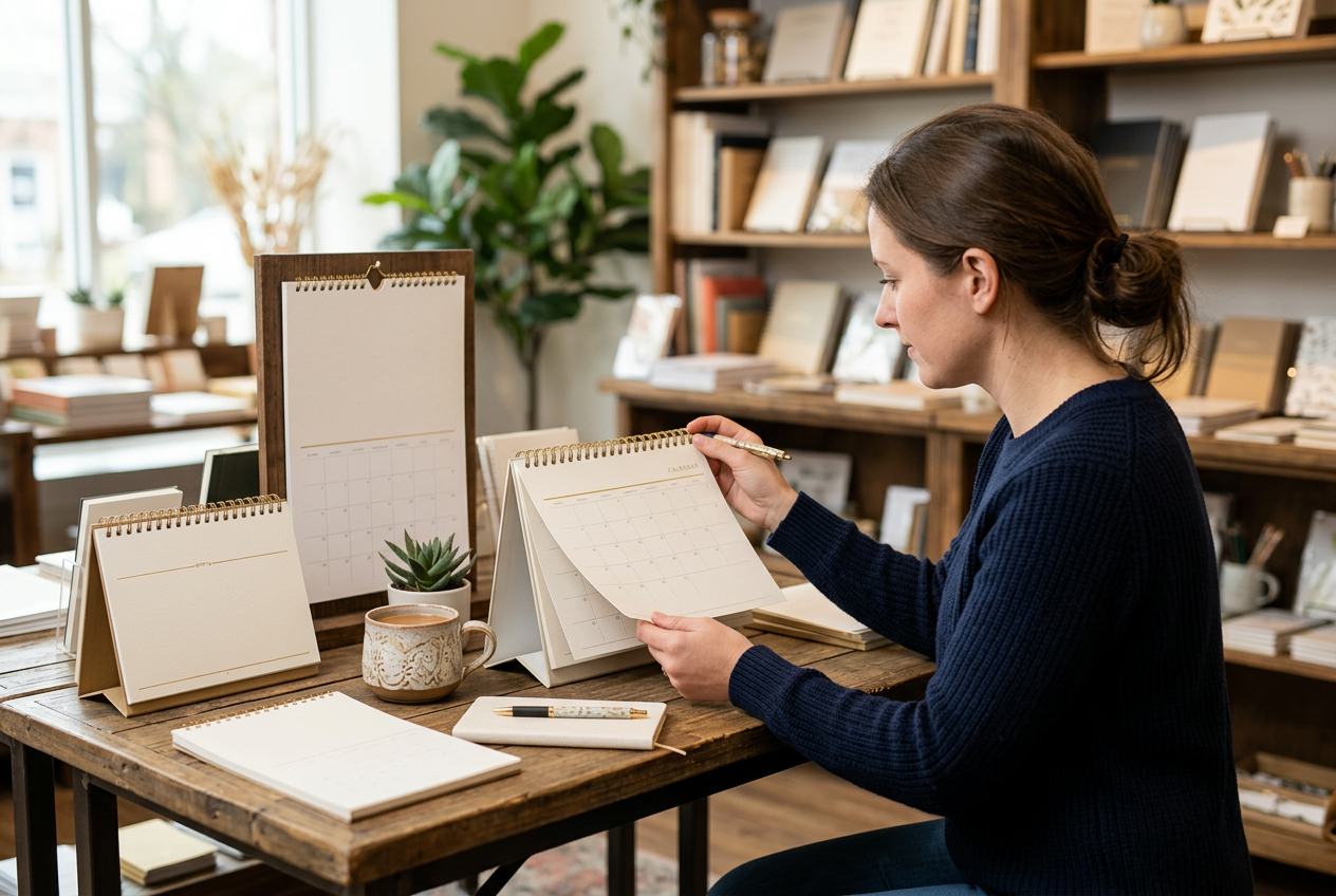 Woman browsing countdown calendars at a desk with multiple calendar styles