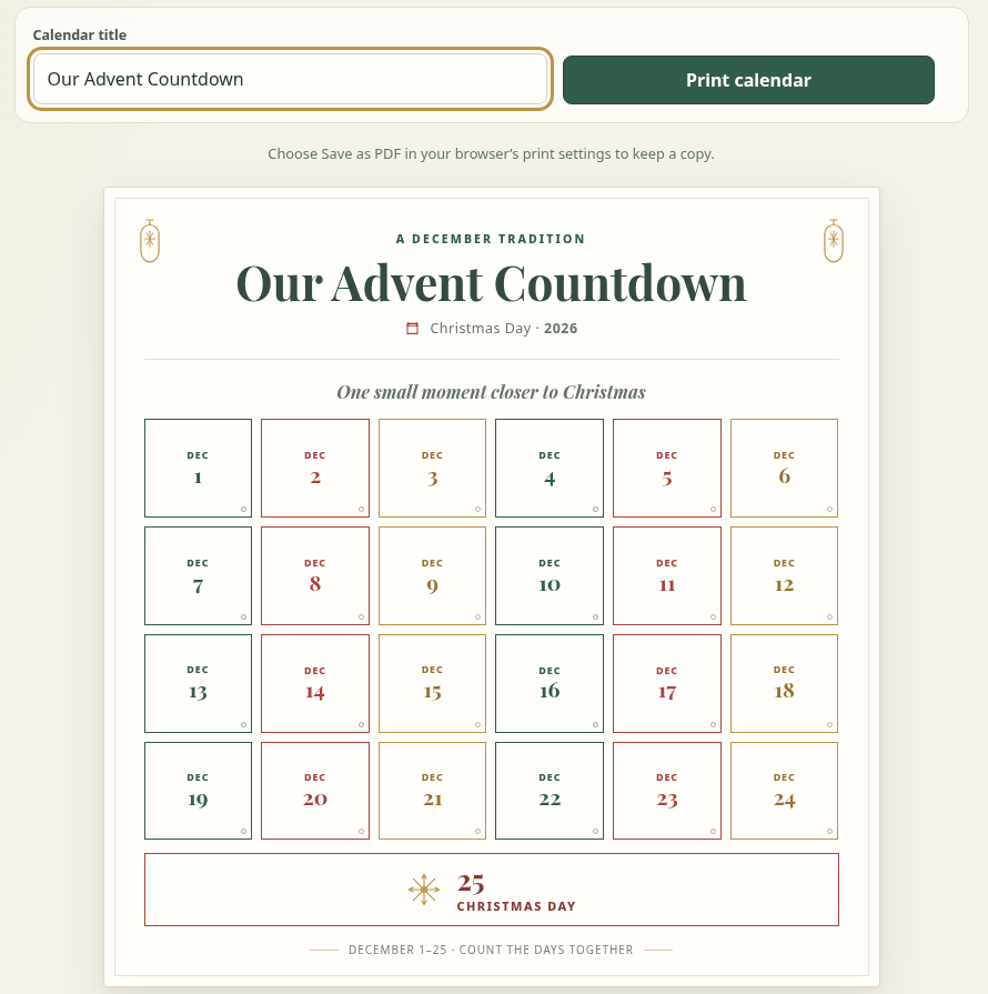 Printable Advent countdown sheet titled "Our Advent Countdown" with boxes for December 1 to 24 and a Christmas Day box, shown below the Calendar title field and Print calendar button
