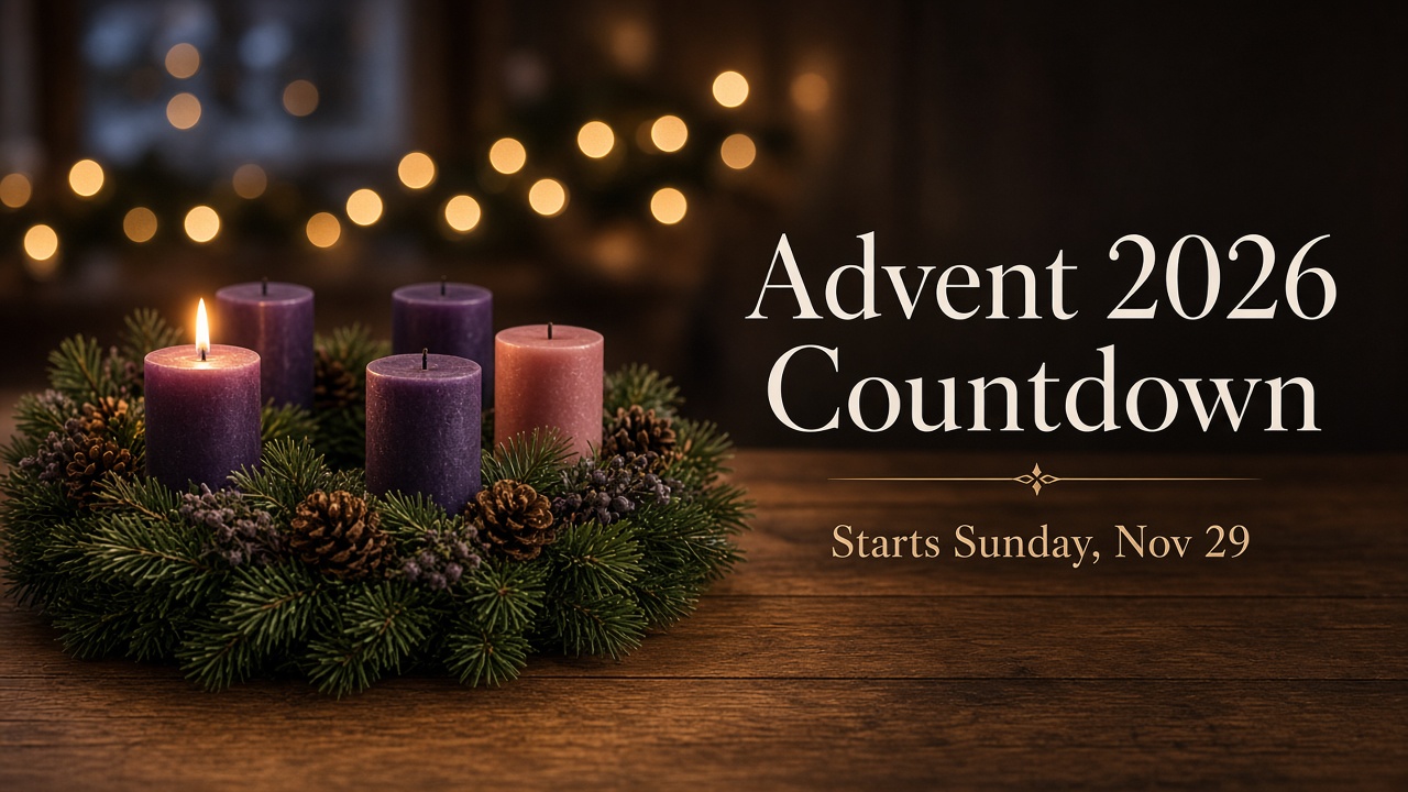 Advent wreath with three violet candles and one rose candle, the first violet candle lit, beside the title Advent 2026 Countdown, Starts Sunday, Nov 29