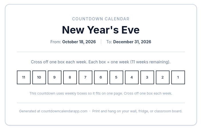 A printable countdown card titled New Year's Eve, counting down to December 31, 2026 with eleven numbered weekly boxes