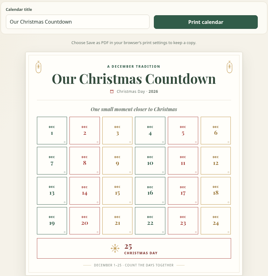 A printable Christmas countdown titled Our Christmas Countdown, with 24 boxes from Dec 1 to Dec 24 in green, red and gold borders and a Christmas Day box at the bottom