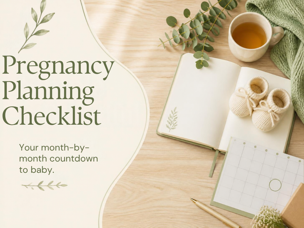 Planner with a pregnancy checklist, baby booties, and a calendar with a circled due date