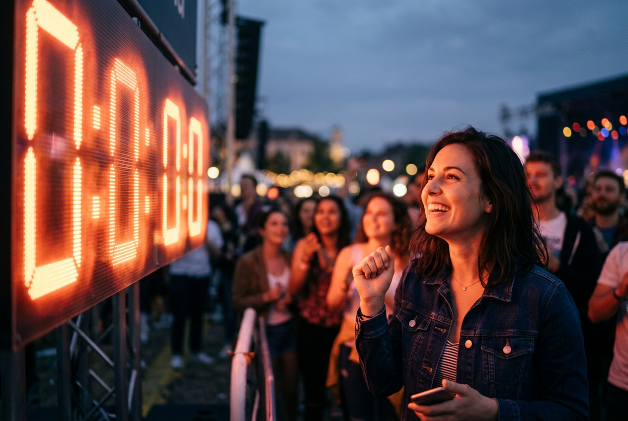 A woman smiling with anticipation while watching a countdown clock at an outdoor event